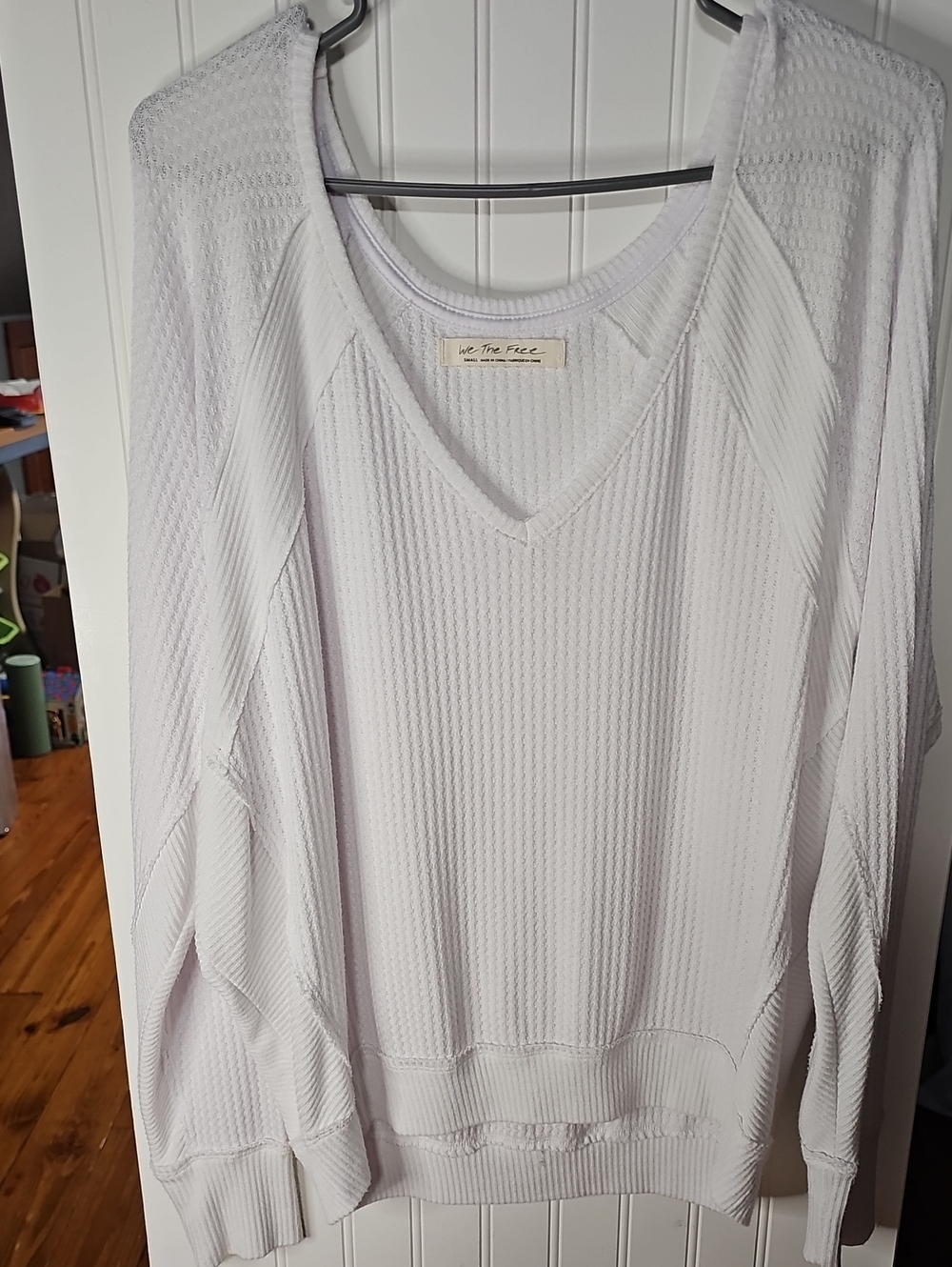 We The Free White Waffle-Knit V-Neck Pullover Oversized